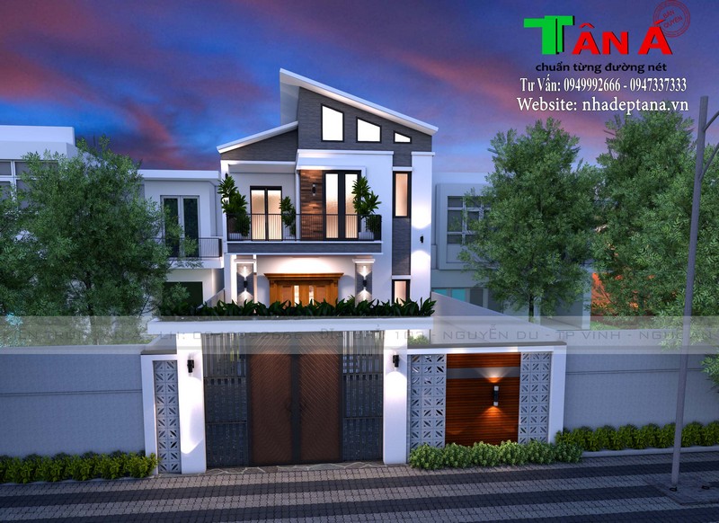 Mẫu thiết kế nhà 2 tầng mái lệch diện tích 100m2 4 phòng ngủ BT211076 -  Kiến trúc Angcovat