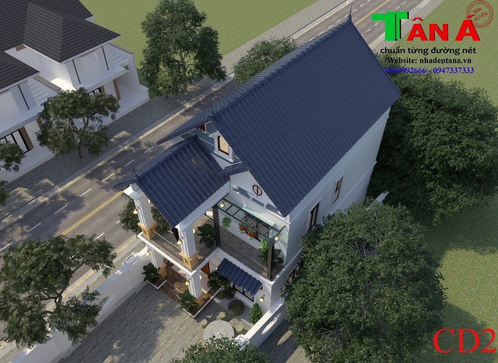 Phối cảnh mẫu thiết kế nhà 2 tầng mái Thái hiện đại
